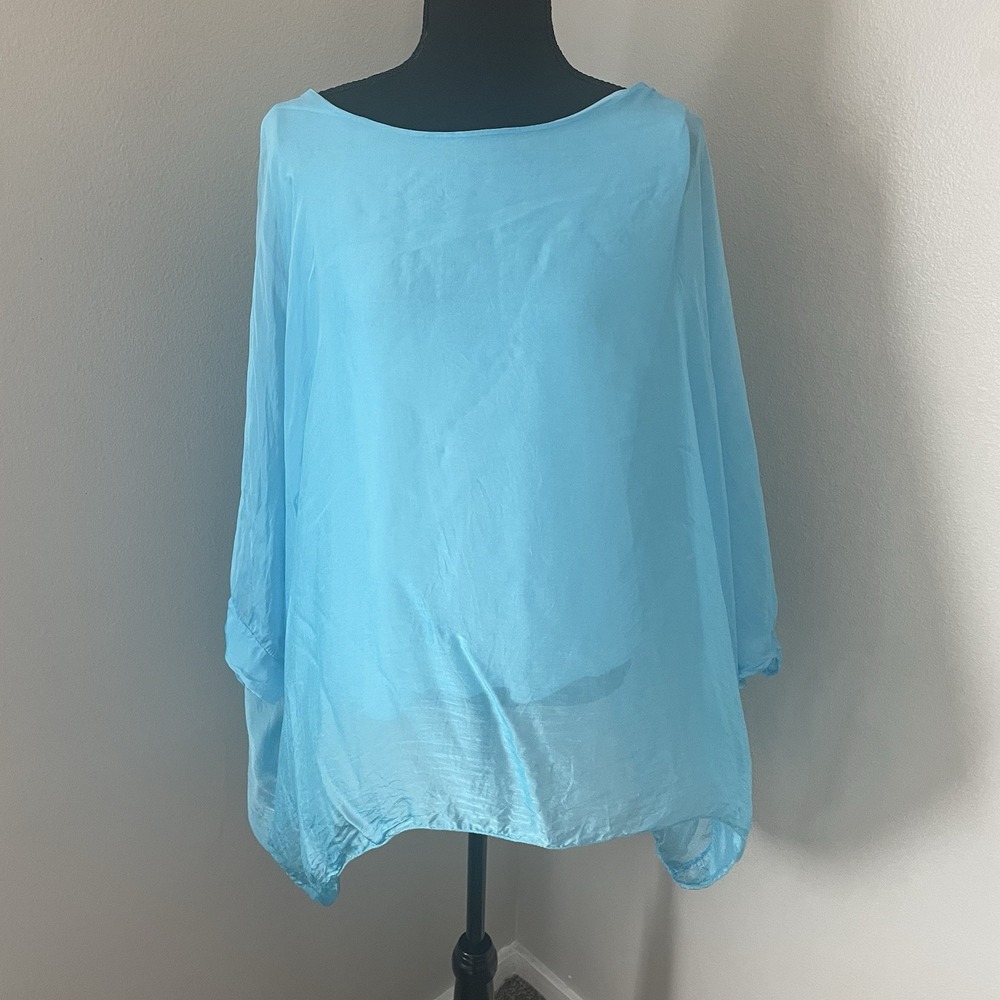 Made In Italy 100% Silk Blue Flowy Blouse Size M/L Kimono Sleeves Lagenlook FLAW